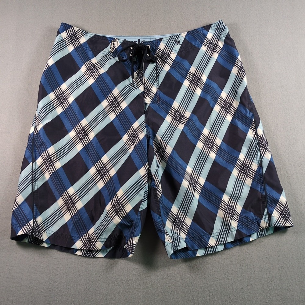 Vtg Hurley Mens‎ Sz L Plaid Board Short Blue Swim Trunks Tie Waist 21" Length